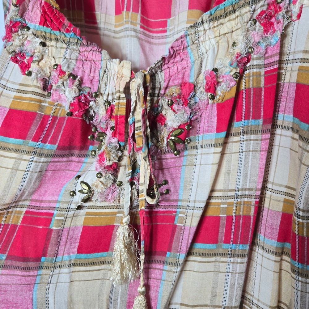 Overdrive Womens Red Plaid Top Plus 2X Boho Peasant Western Cottage Summer Gypsy - Picture 4 of 10